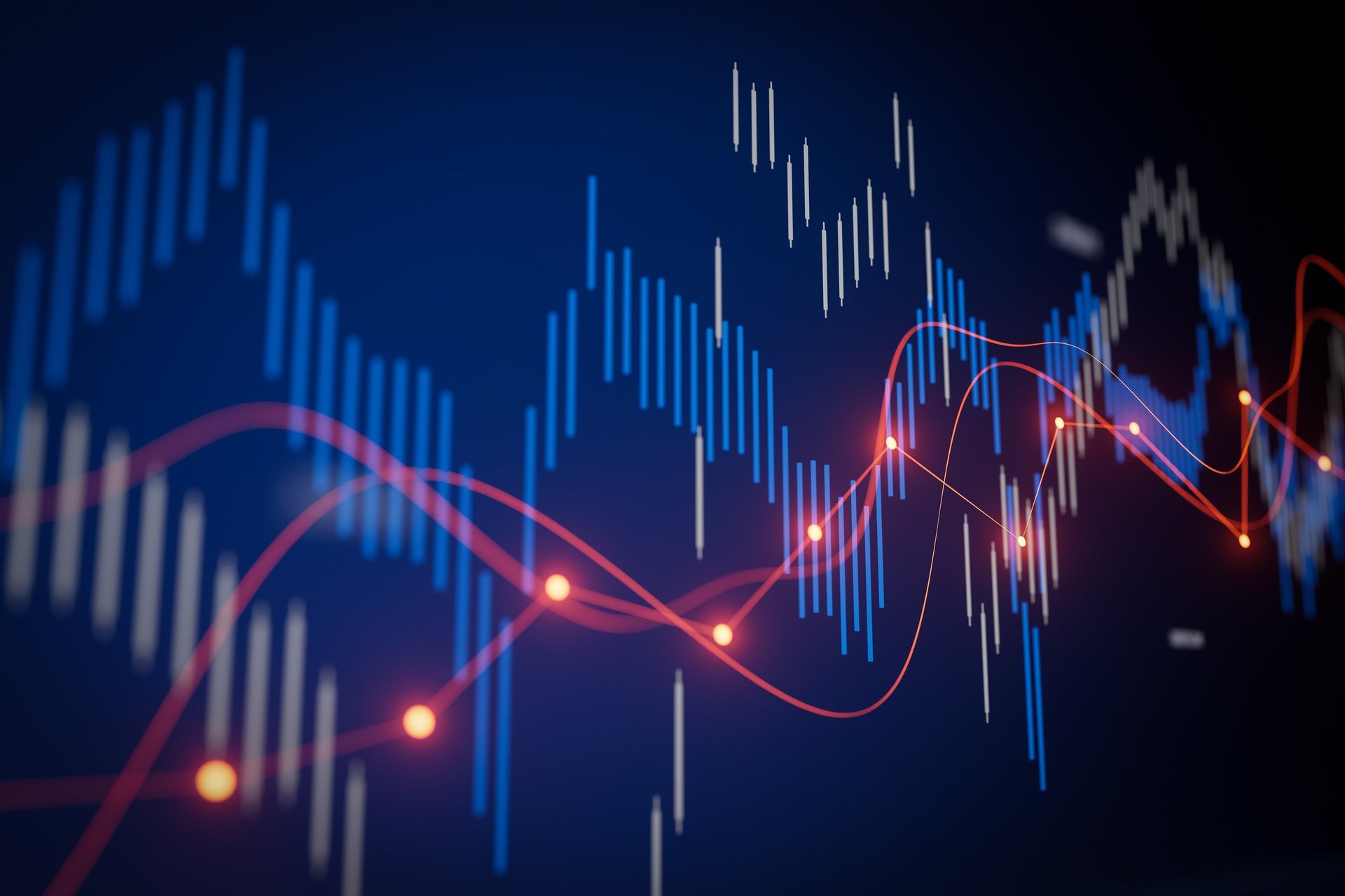 Candlestick and line graphs show financial market trends